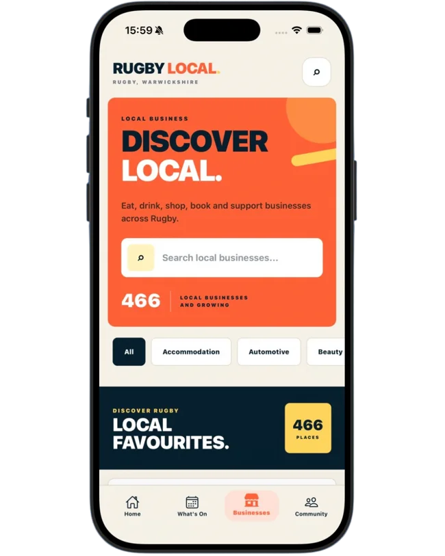 Rugby Local businesses app preview
